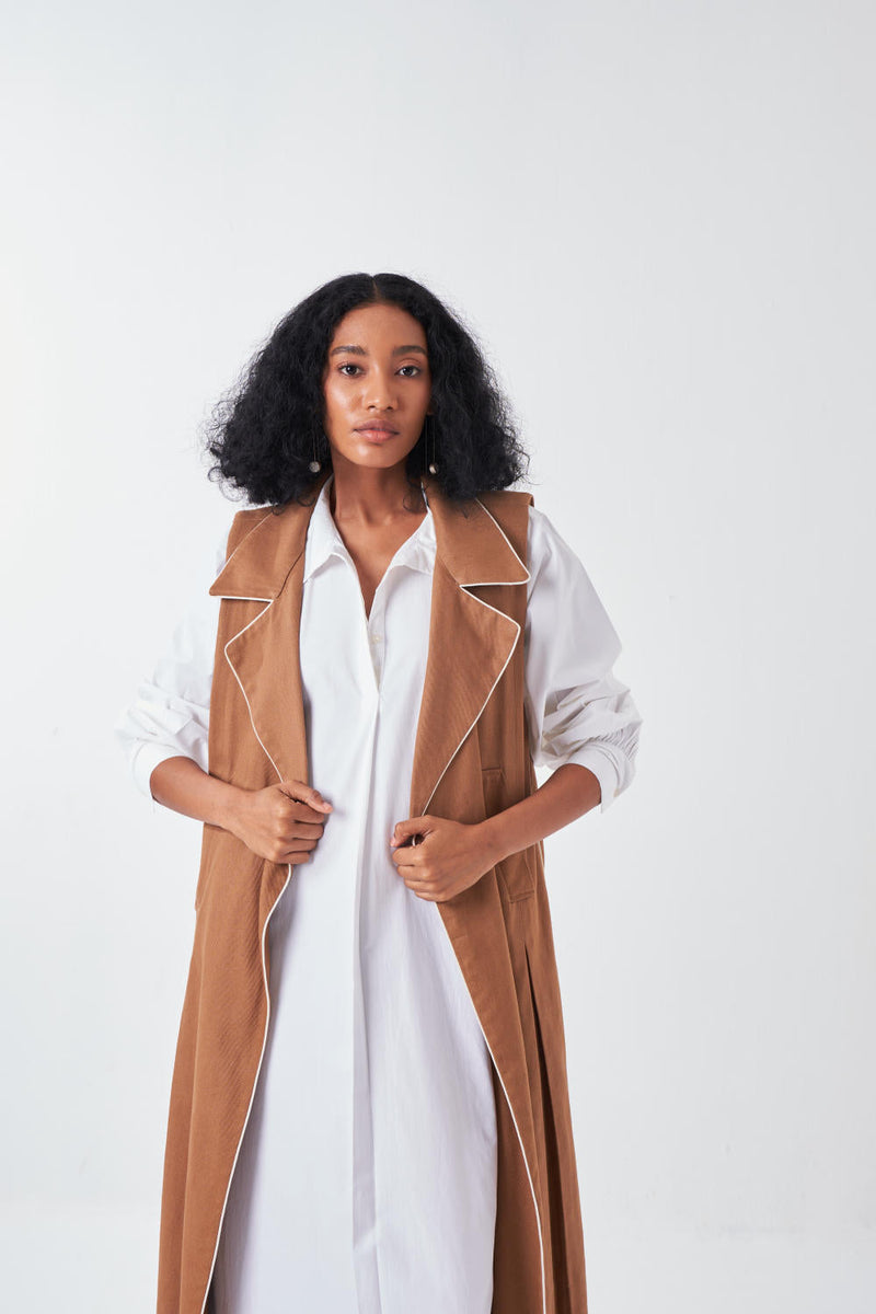 SLEEVELESS JACKET-SAND poplin by THREE for women Worldwide