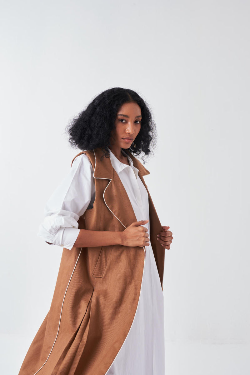 SLEEVELESS JACKET-SAND poplin by THREE for women Worldwide