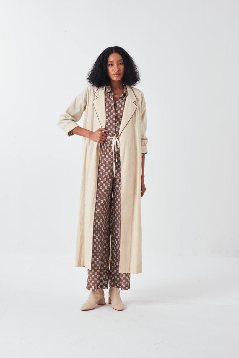 BACK FLORAL DRAWSTRING JACKET CO-ORD: CEDAR BRICK PRINT & IVORY (SET OF 3) cotton by THREE for women Worldwide