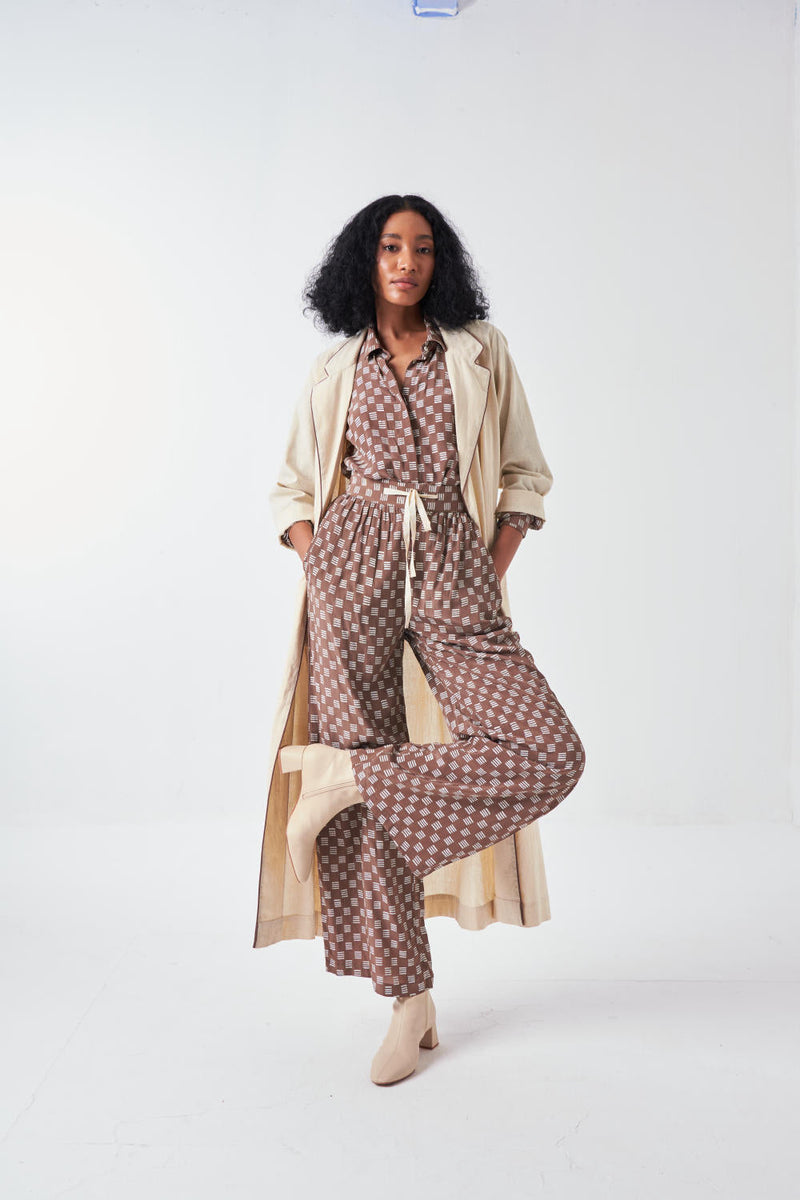 BACK FLORAL DRAWSTRING JACKET CO-ORD: CEDAR BRICK PRINT & IVORY (SET OF 3) cotton by THREE for women Worldwide