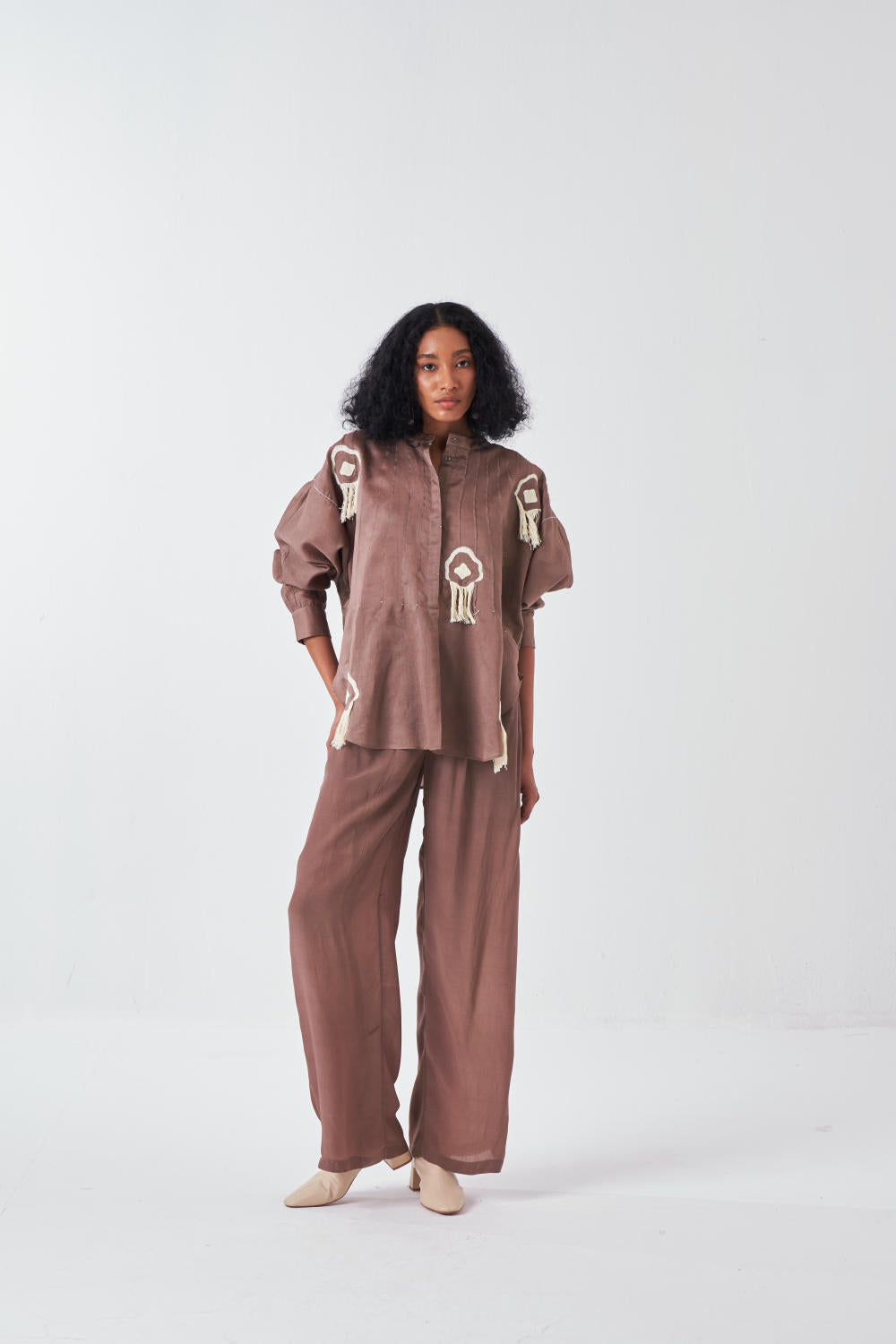 FRINGE PINTUCK BAT SLEEVE SHIRT CO-ORD-CEDAR (SET OF 2)