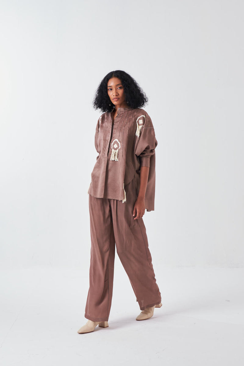 FRINGE PINTUCK BAT SLEEVE SHIRT-CEDAR poplin by THREE for women Worldwide