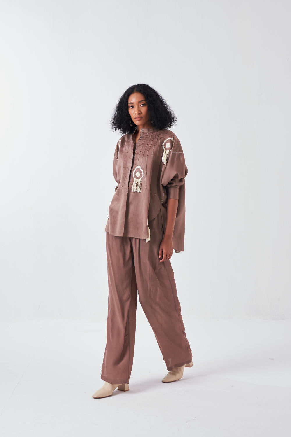 FRINGE PINTUCK BAT SLEEVE SHIRT CO-ORD-CEDAR (SET OF 2)