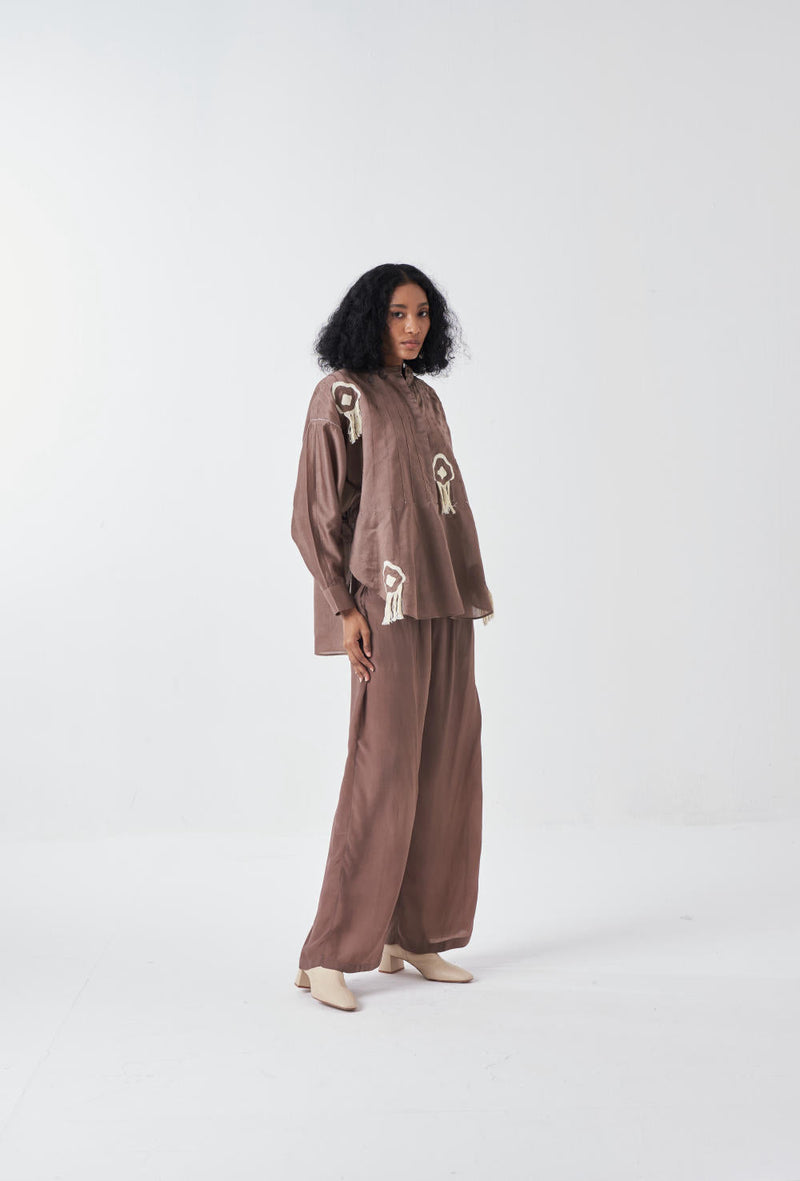 FRINGE PINTUCK BAT SLEEVE SHIRT-CEDAR poplin by THREE for women Worldwide