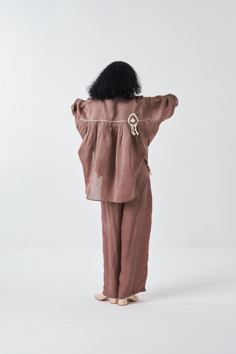 FRINGE PINTUCK BAT SLEEVE SHIRT-CEDAR poplin by THREE for women Worldwide