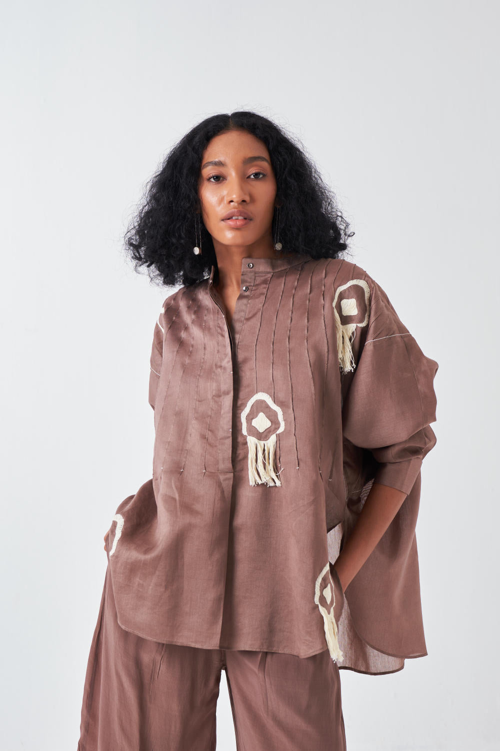 FRINGE PINTUCK BAT SLEEVE SHIRT-CEDAR