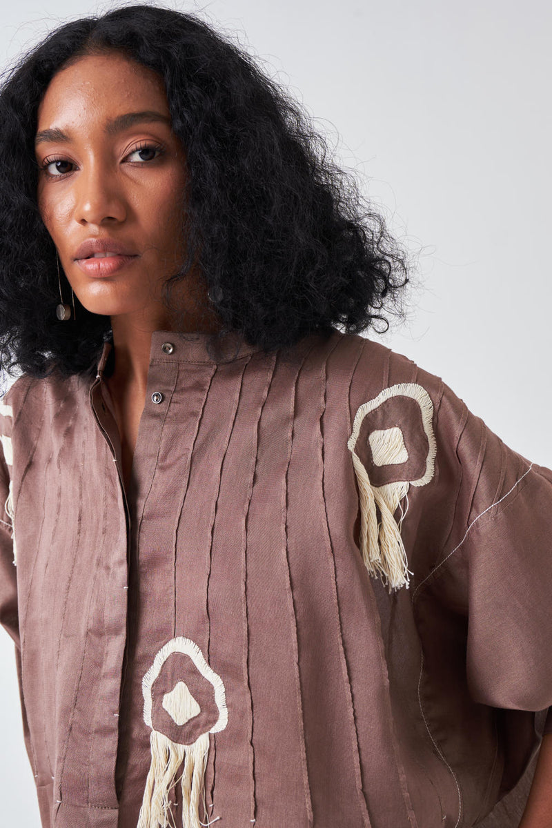 FRINGE PINTUCK BAT SLEEVE SHIRT-CEDAR poplin by THREE for women Worldwide