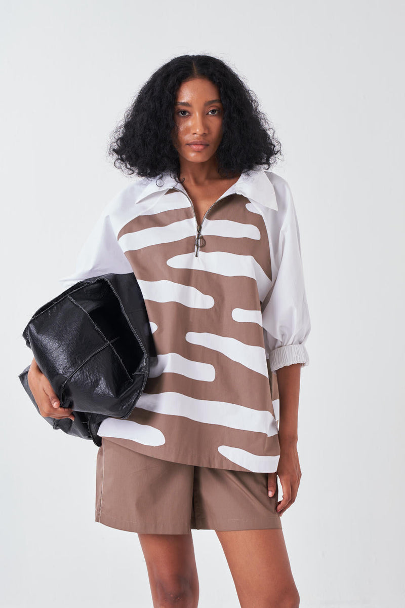 APPLIQUE BOXY SHIRT-CEDAR/WHITE chanderi by THREE for women Worldwide