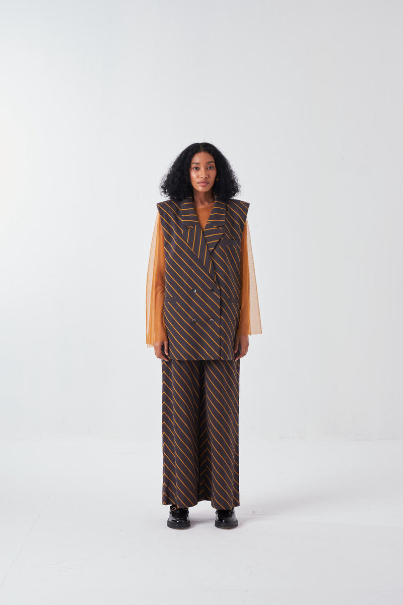 DIAGONAL STRIPE JACKET-CHARCOAL STRIPE cotton by THREE for women Worldwide