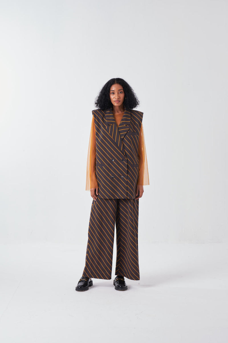 DIAGONAL STRIPE JACKET CO-ORD-CHARCOAL STRIPE (SET OF 2) cotton by THREE for women Worldwide
