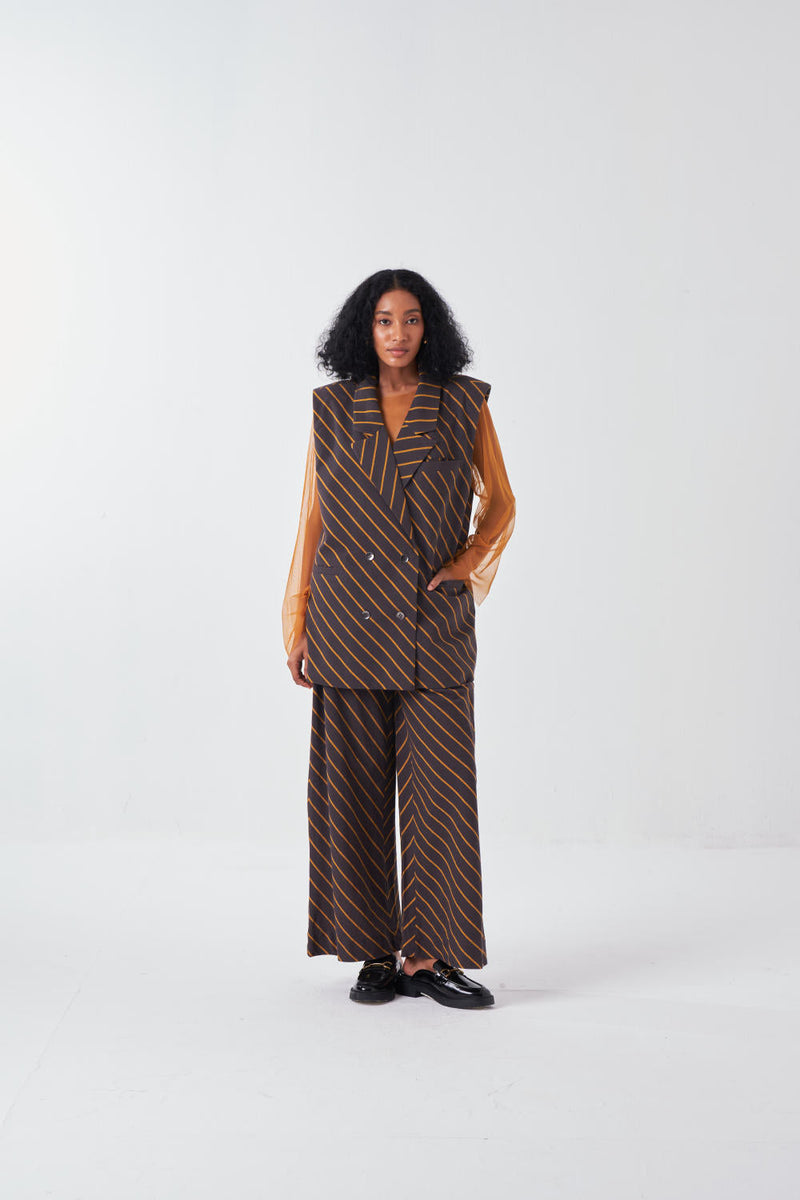 DIAGONAL STRIPE JACKET CO-ORD-CHARCOAL STRIPE (SET OF 2) cotton by THREE for women Worldwide