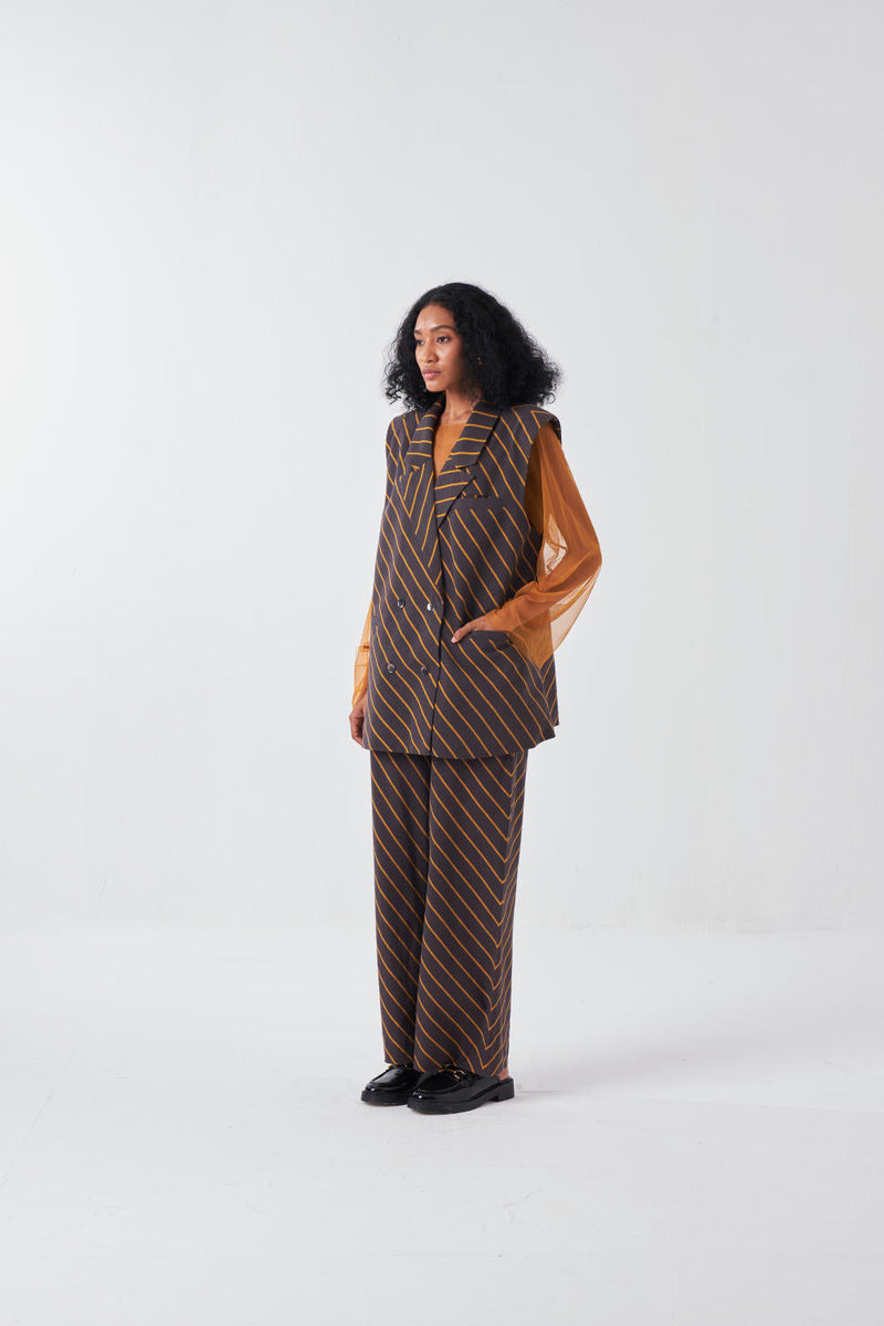 DIAGONAL STRIPE JACKET-CHARCOAL STRIPE cotton by THREE for women Worldwide