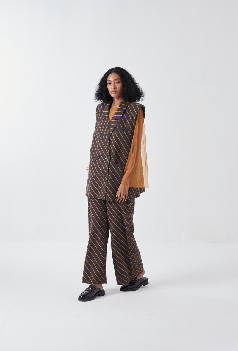 DIAGONAL STRIPE JACKET CO-ORD-CHARCOAL STRIPE (SET OF 2) cotton by THREE for women Worldwide