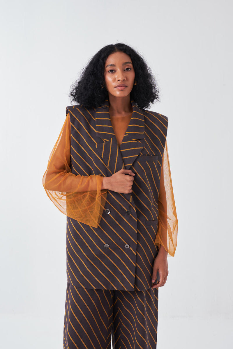 DIAGONAL STRIPE JACKET CO-ORD-CHARCOAL STRIPE (SET OF 2) cotton by THREE for women Worldwide