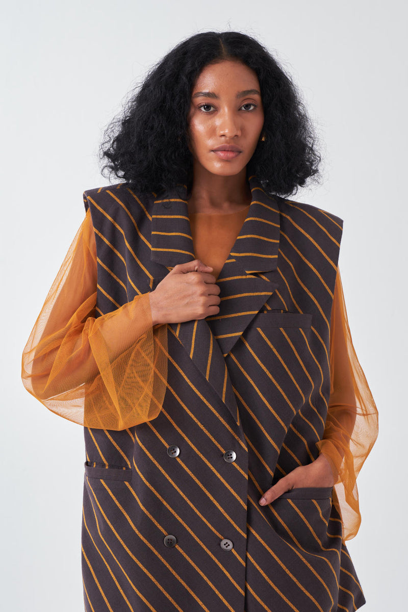 DIAGONAL STRIPE JACKET-CHARCOAL STRIPE cotton by THREE for women Worldwide
