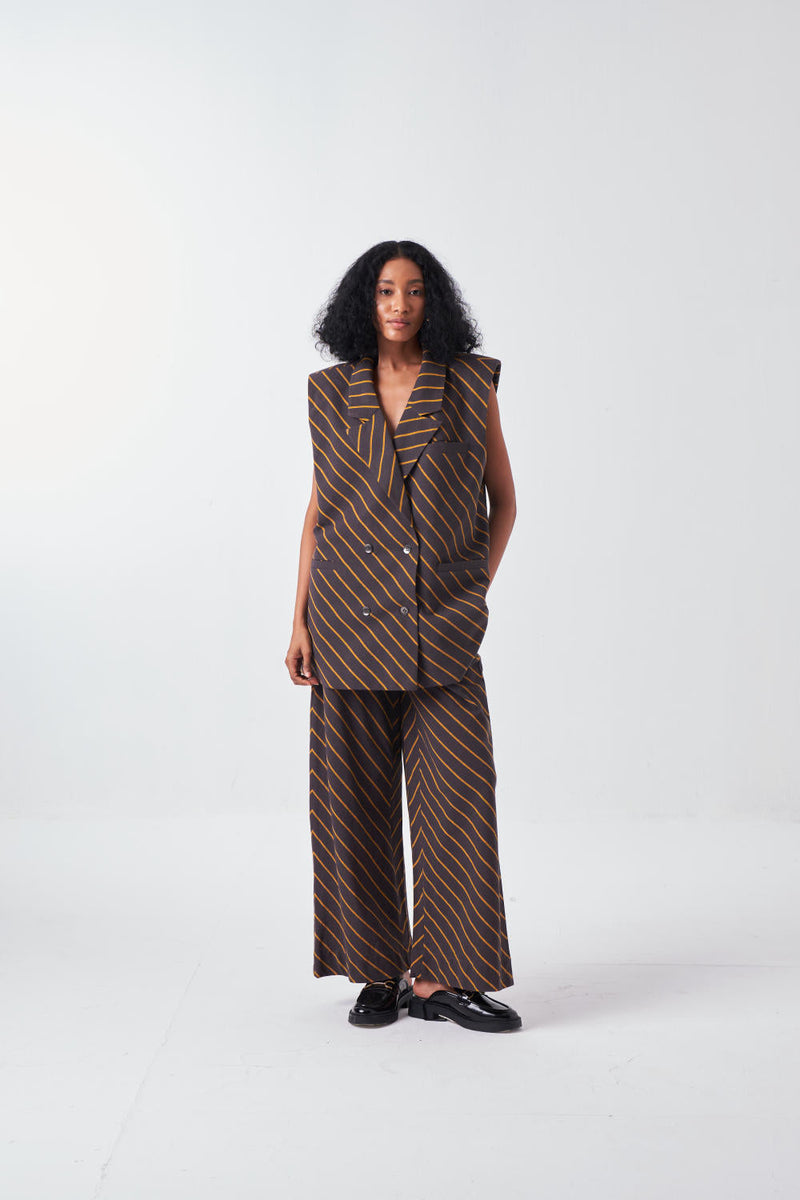 DIAGONAL STRIPE JACKET-CHARCOAL STRIPE cotton by THREE for women Worldwide
