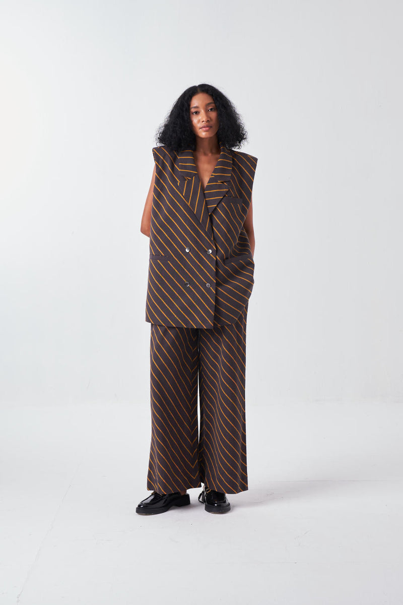 DIAGONAL STRIPE JACKET CO-ORD-CHARCOAL STRIPE (SET OF 2) cotton by THREE for women Worldwide