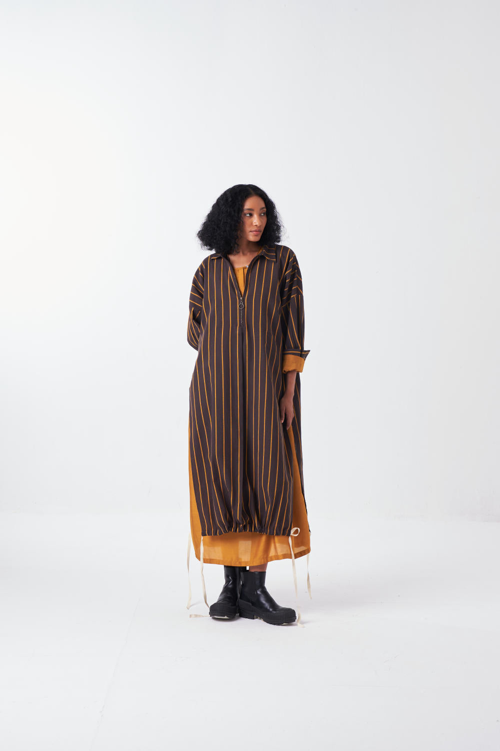 DRAWSTRING TUNIC CO-ORD: CHARCOAL STRIPE & MUSTARD (SET OF 2)