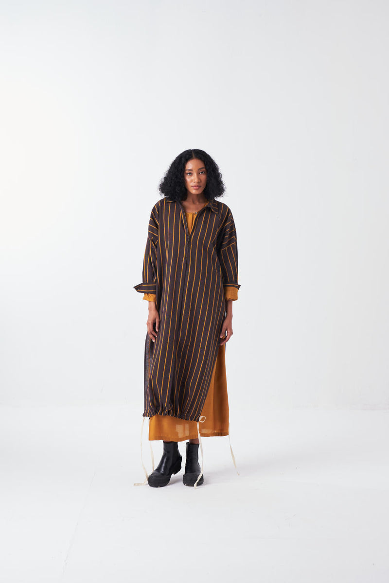 DRAWSTRING TUNIC-CHARCOAL STRIPE poplin by THREE for women Worldwide