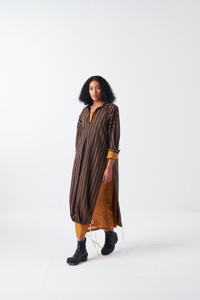DRAWSTRING TUNIC-CHARCOAL STRIPE poplin by THREE for women Worldwide