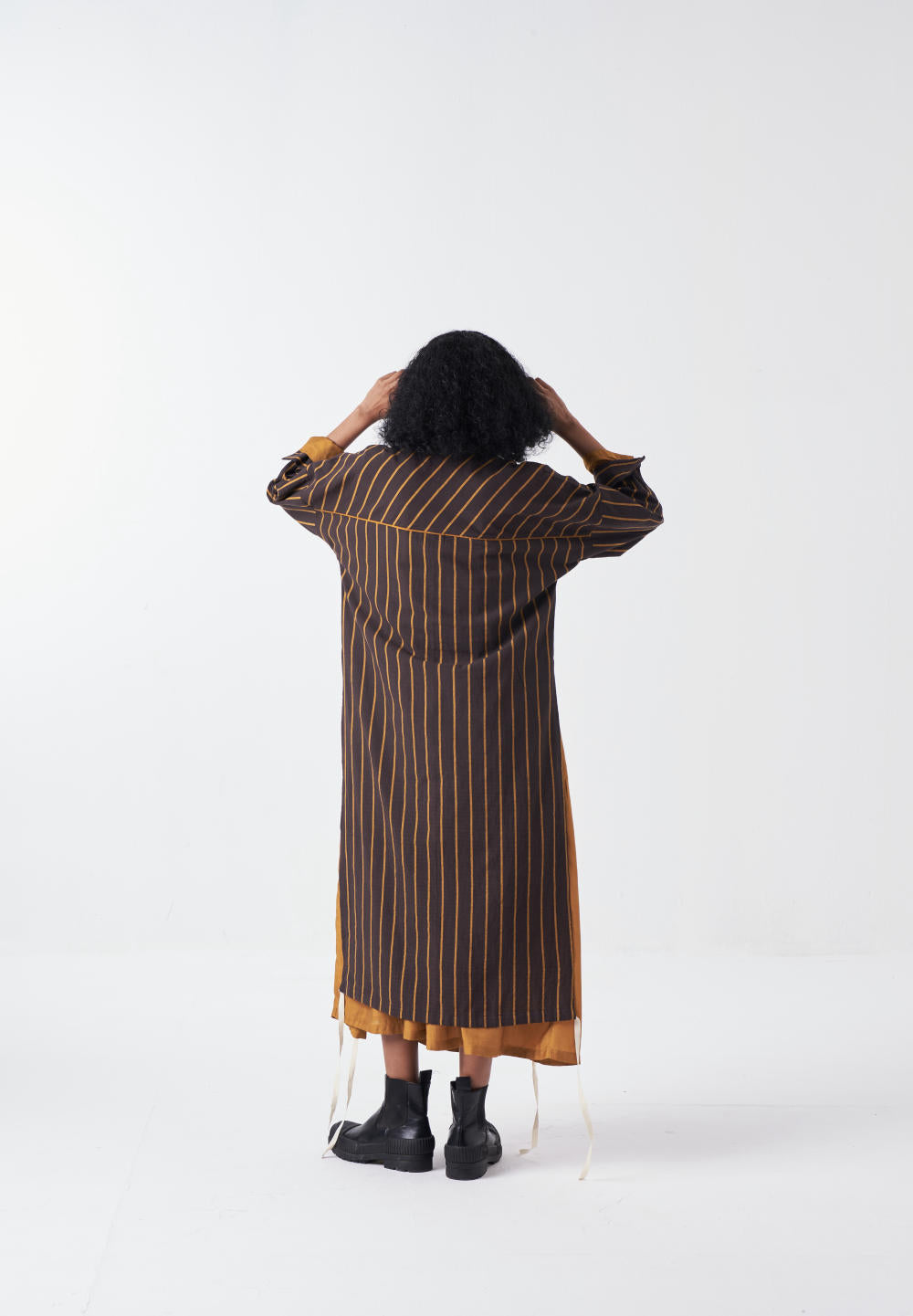 DRAWSTRING TUNIC CO-ORD: CHARCOAL STRIPE & MUSTARD (SET OF 2)