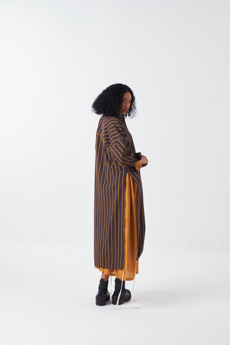 DRAWSTRING TUNIC-CHARCOAL STRIPE poplin by THREE for women Worldwide