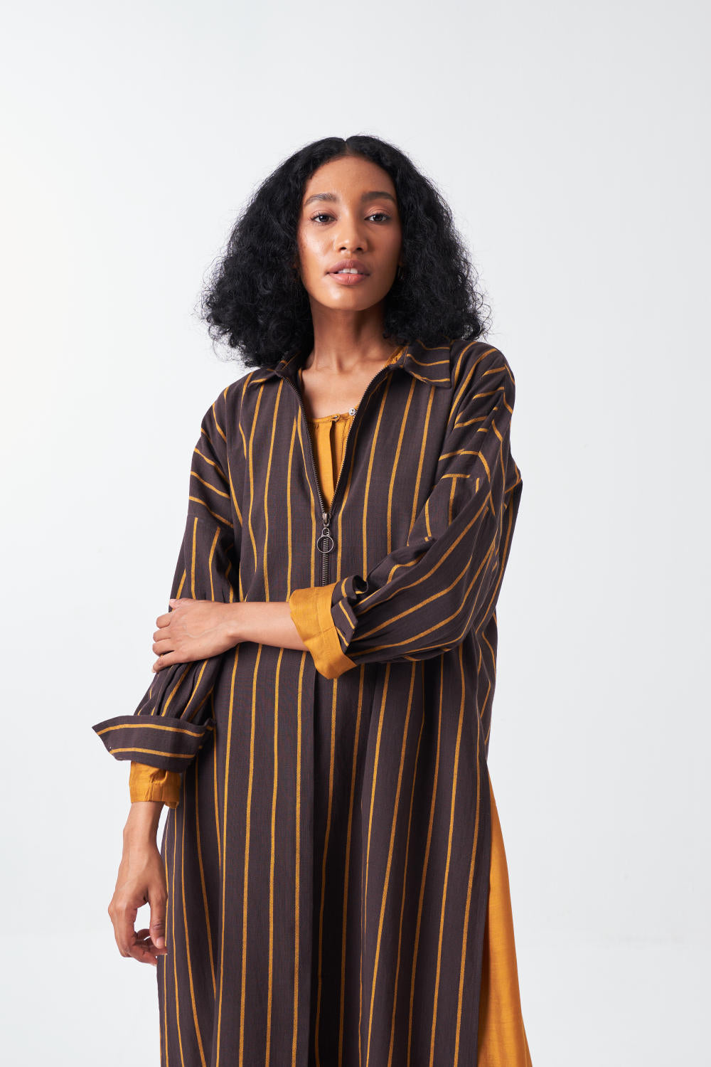 DRAWSTRING TUNIC CO-ORD: CHARCOAL STRIPE & MUSTARD (SET OF 2)