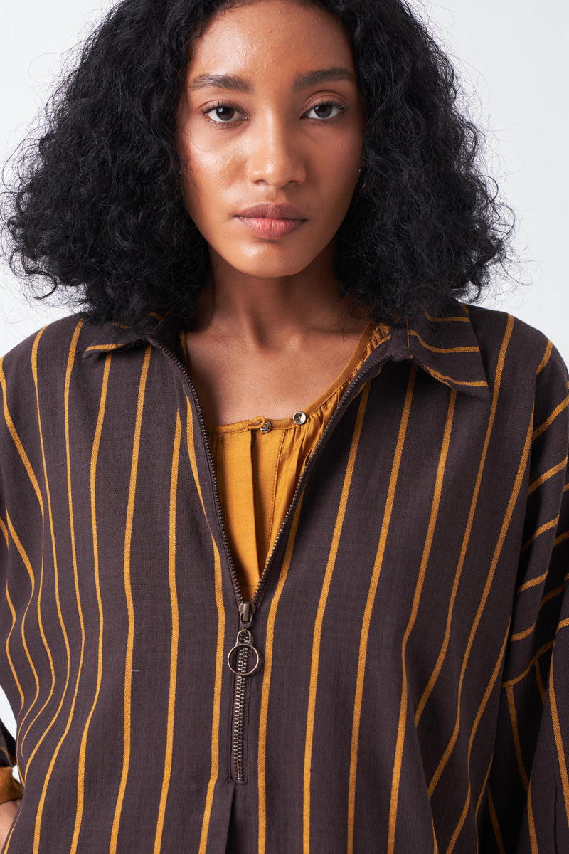 DRAWSTRING TUNIC-CHARCOAL STRIPE poplin by THREE for women Worldwide