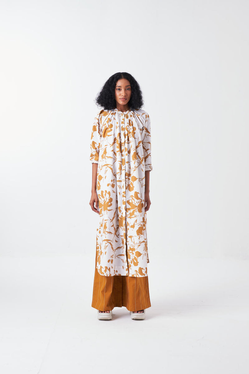 GATHER NECK SHIRT CO-ORD-MUSTARD FLORAL & MUSTARD (SET OF 2) poplin by THREE for women Worldwide