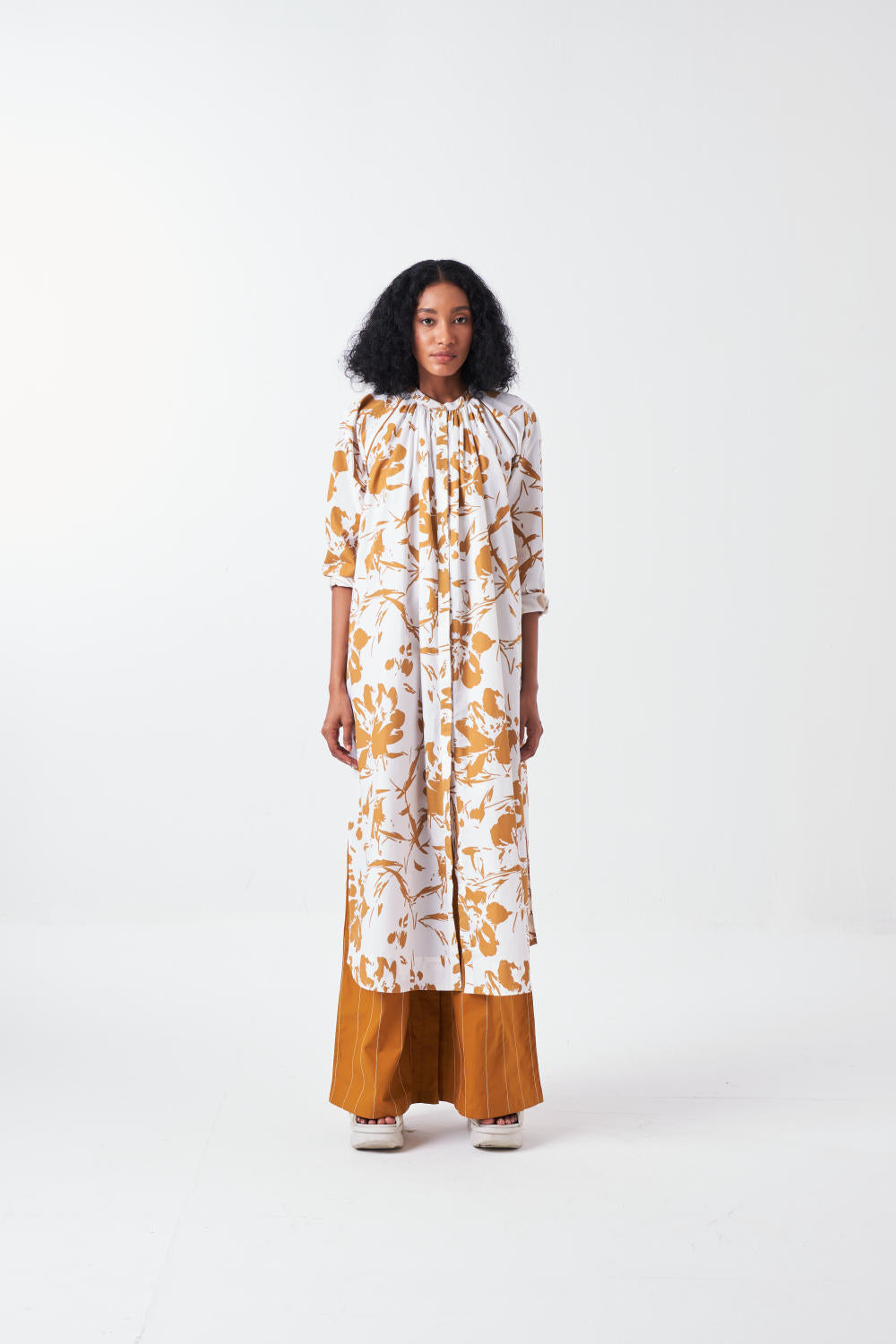 GATHER NECK SHIRT CO-ORD-MUSTARD FLORAL & MUSTARD (SET OF 2)