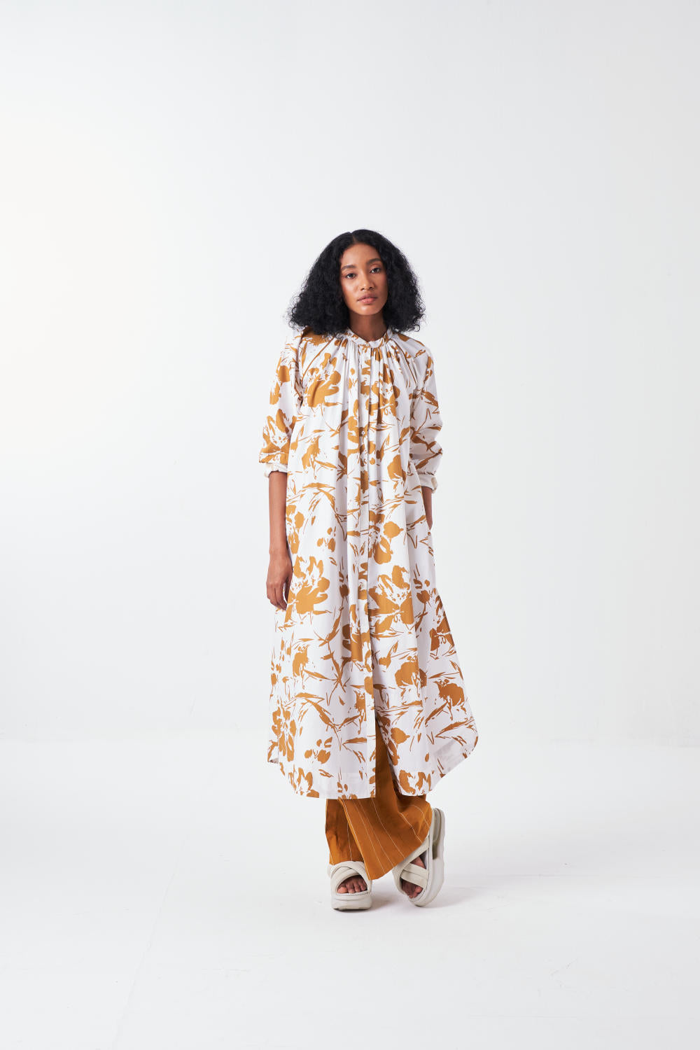 GATHER NECK SHIRT CO-ORD-MUSTARD FLORAL & MUSTARD (SET OF 2)