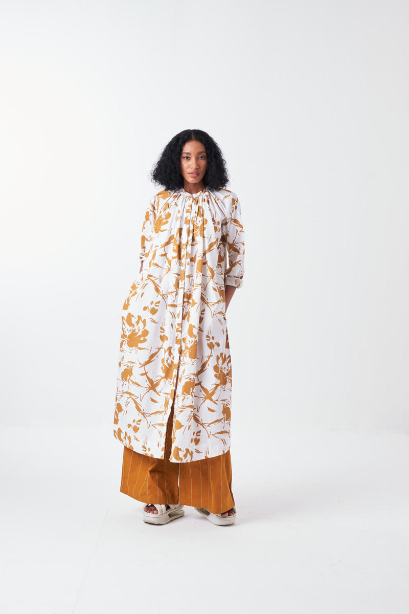 GATHER NECK SHIRT CO-ORD-MUSTARD FLORAL & MUSTARD (SET OF 2) poplin by THREE for women Worldwide
