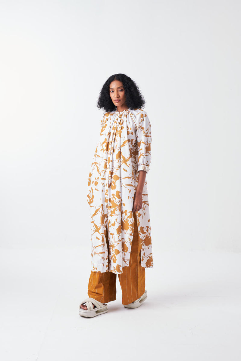 GATHER NECK SHIRT CO-ORD-MUSTARD FLORAL & MUSTARD (SET OF 2) poplin by THREE for women Worldwide