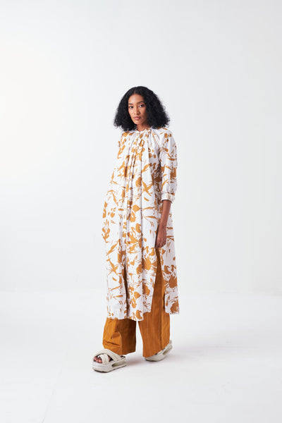 GATHER NECK SHIRT CO-ORD-MUSTARD FLORAL & MUSTARD (SET OF 2)