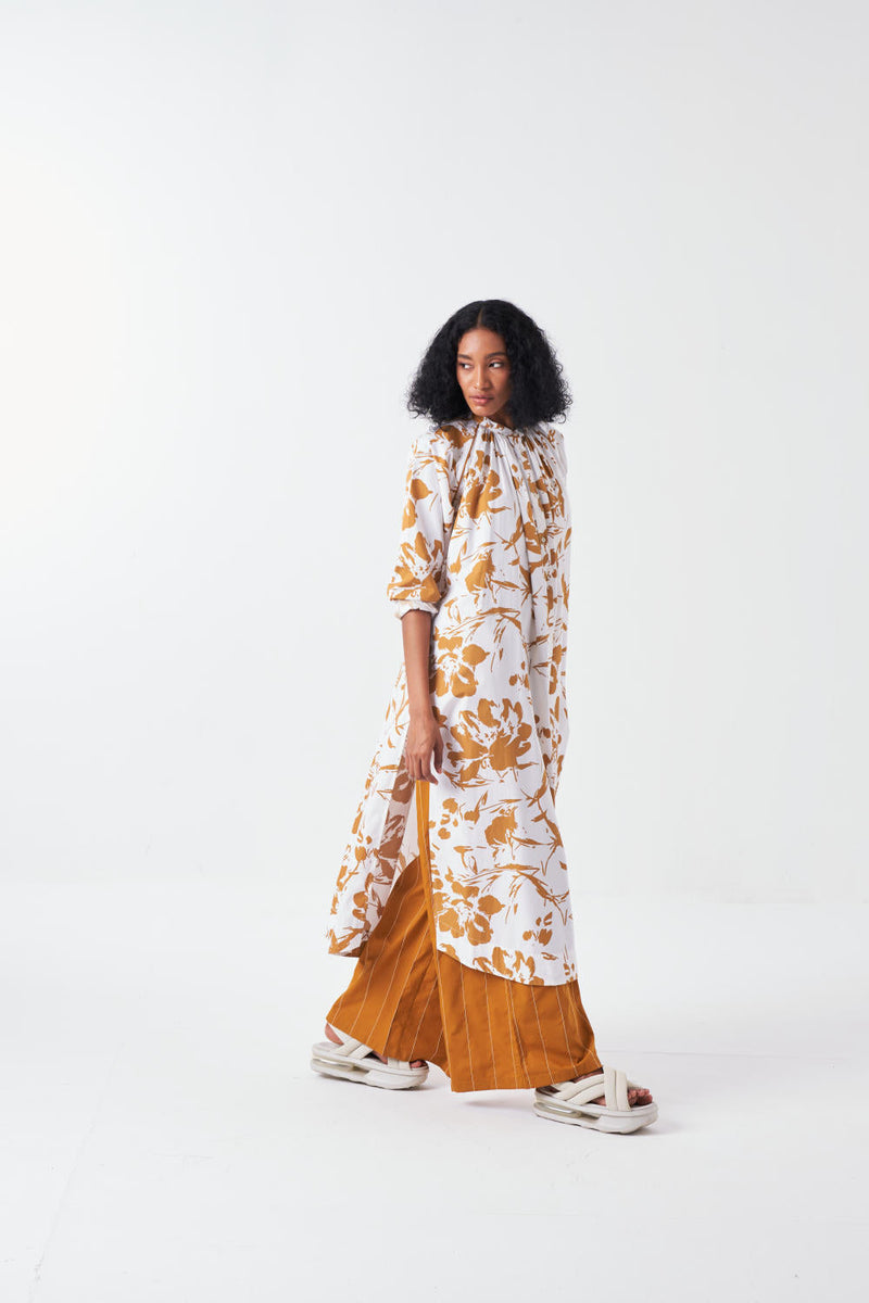 GATHER NECK SHIRT CO-ORD-MUSTARD FLORAL & MUSTARD (SET OF 2) poplin by THREE for women Worldwide