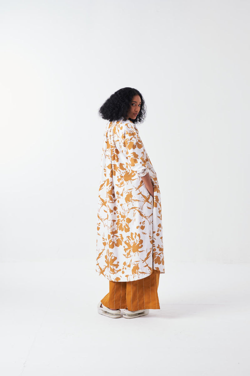 GATHER NECK SHIRT CO-ORD-MUSTARD FLORAL & MUSTARD (SET OF 2) poplin by THREE for women Worldwide