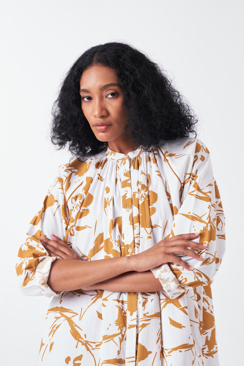 GATHER NECK SHIRT CO-ORD-MUSTARD FLORAL & MUSTARD (SET OF 2) poplin by THREE for women Worldwide