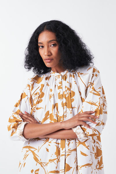 GATHER NECK SHIRT CO-ORD-MUSTARD FLORAL & MUSTARD (SET OF 2)