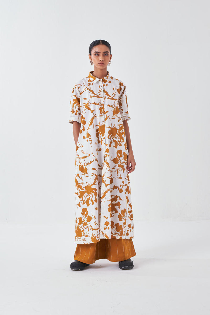 BACK PLEAT DRESS-MUSTARD FLORAL poplin by THREE for women Worldwide