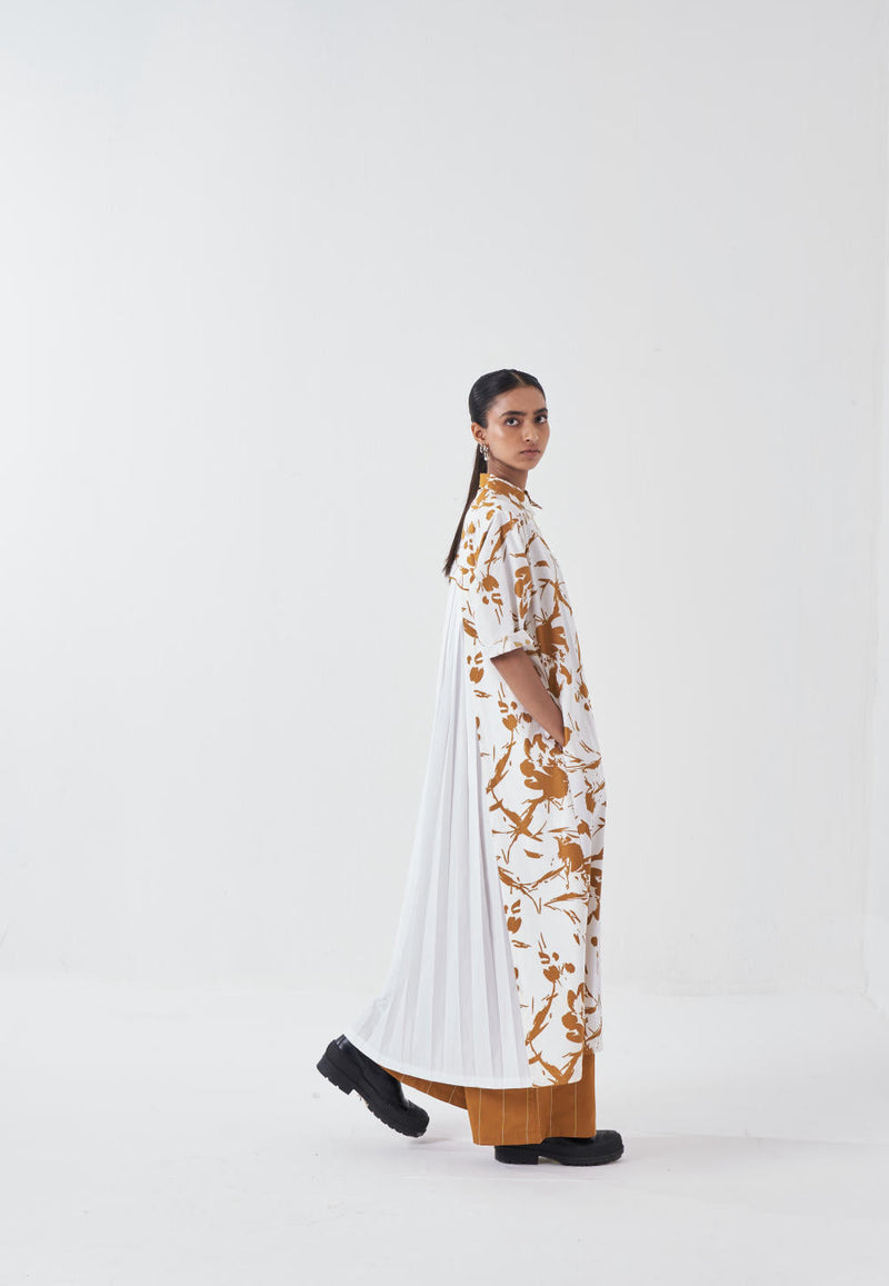BACK PLEAT DRESS-MUSTARD FLORAL poplin by THREE for women Worldwide