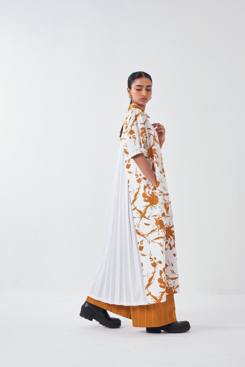 BACK PLEAT DRESS-MUSTARD FLORAL poplin by THREE for women Worldwide