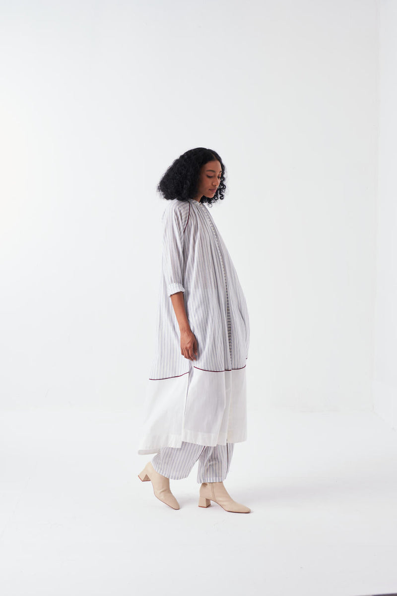 PANEL GATHER NECK SHIRT CO-ORD-WHITE & BLUE (SET OF 3) cotton by THREE for women Worldwide