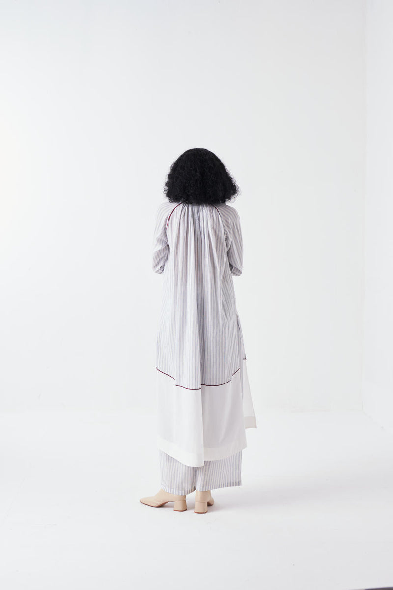 PANEL GATHER NECK SHIRT CO-ORD-WHITE & BLUE (SET OF 3) cotton by THREE for women Worldwide