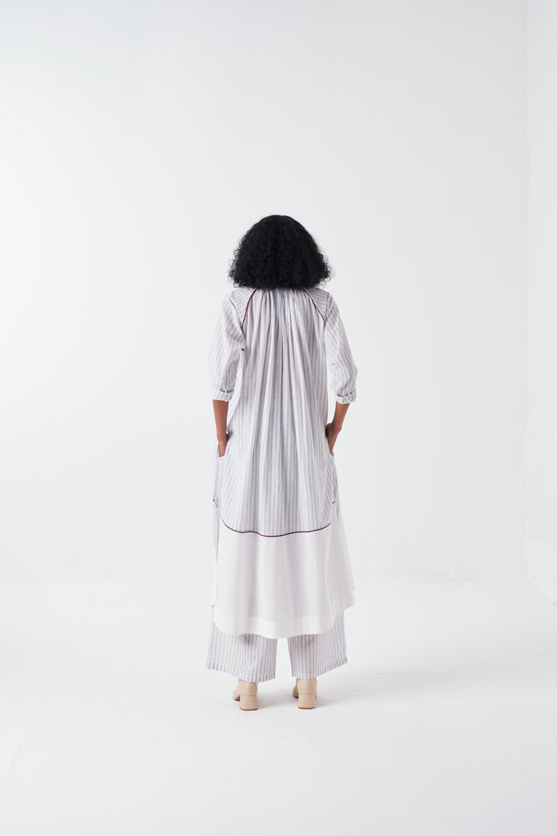 PANEL GATHER NECK SHIRT CO-ORD-WHITE & BLUE (SET OF 3) cotton by THREE for women Worldwide
