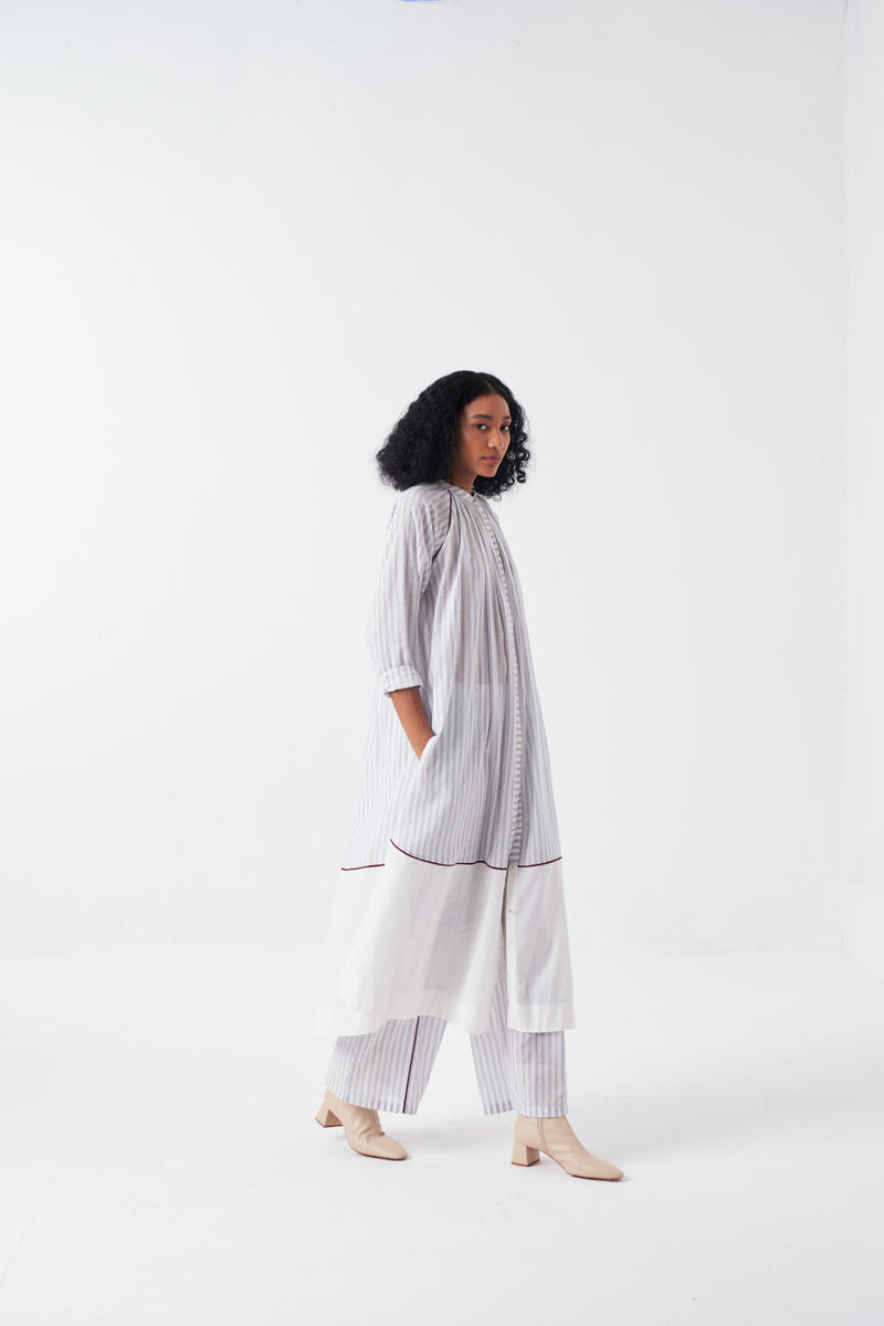 PANEL GATHER NECK SHIRT CO-ORD-WHITE & BLUE (SET OF 2) cotton by THREE for women Worldwide