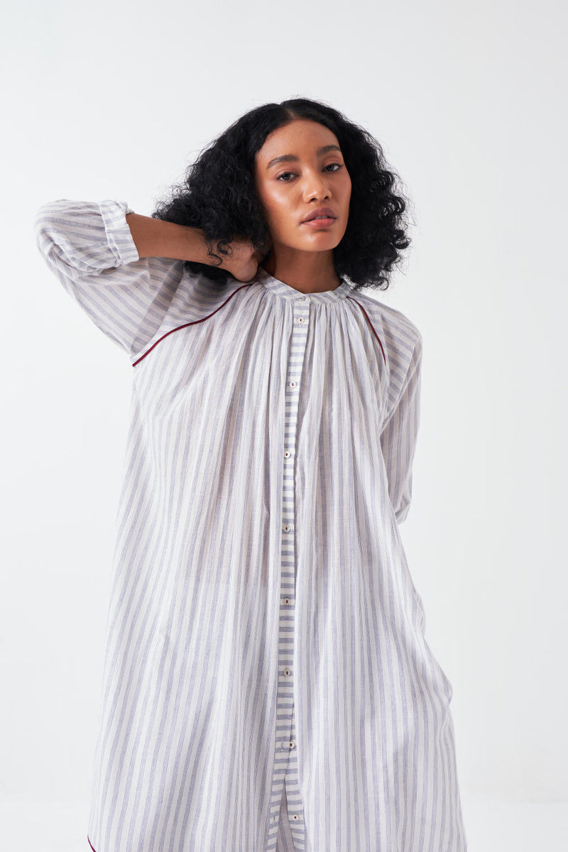PANEL GATHER NECK SHIRT CO-ORD-WHITE & BLUE (SET OF 3) cotton by THREE for women Worldwide