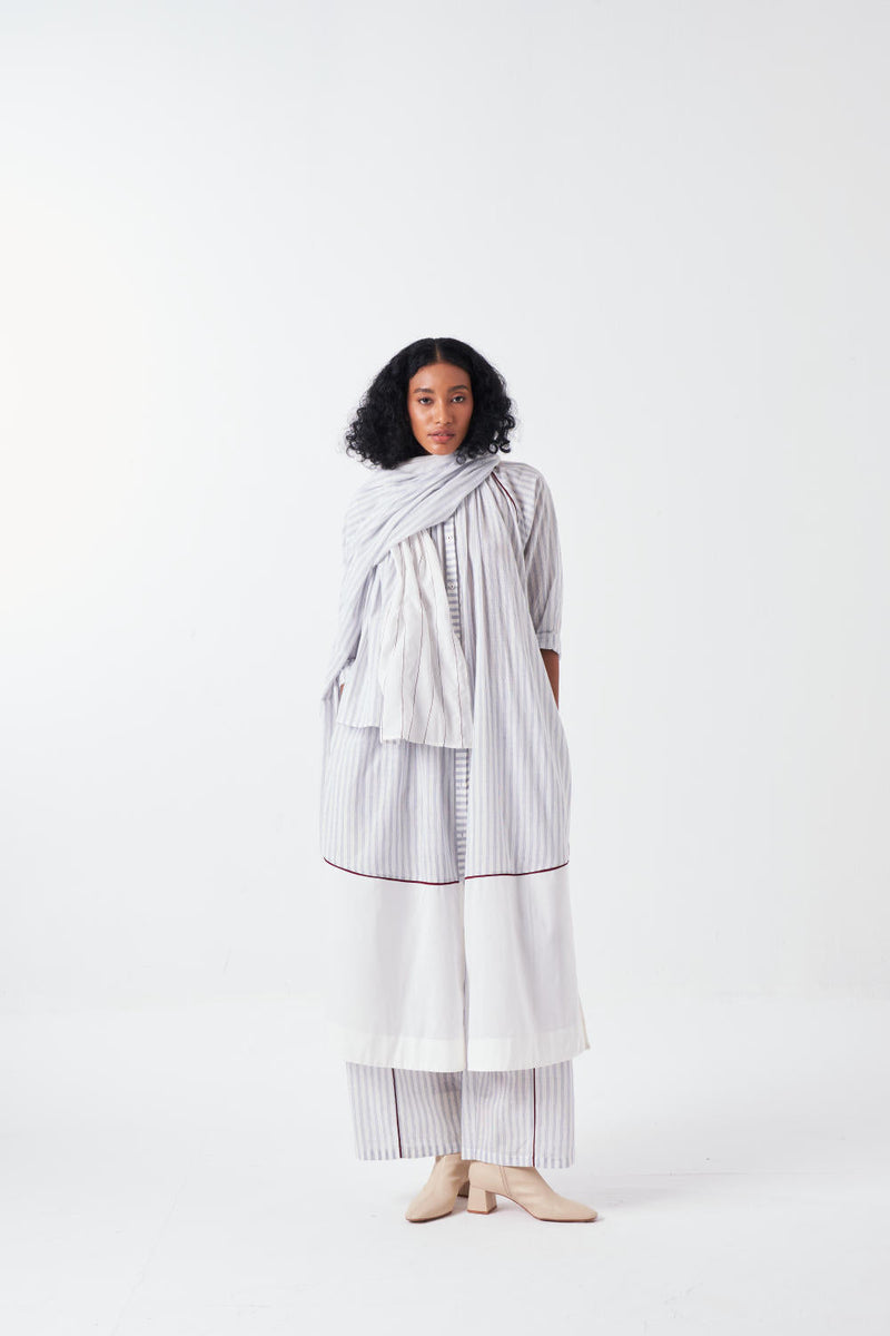 PANEL GATHER NECK SHIRT CO-ORD-WHITE & BLUE (SET OF 3) cotton by THREE for women Worldwide
