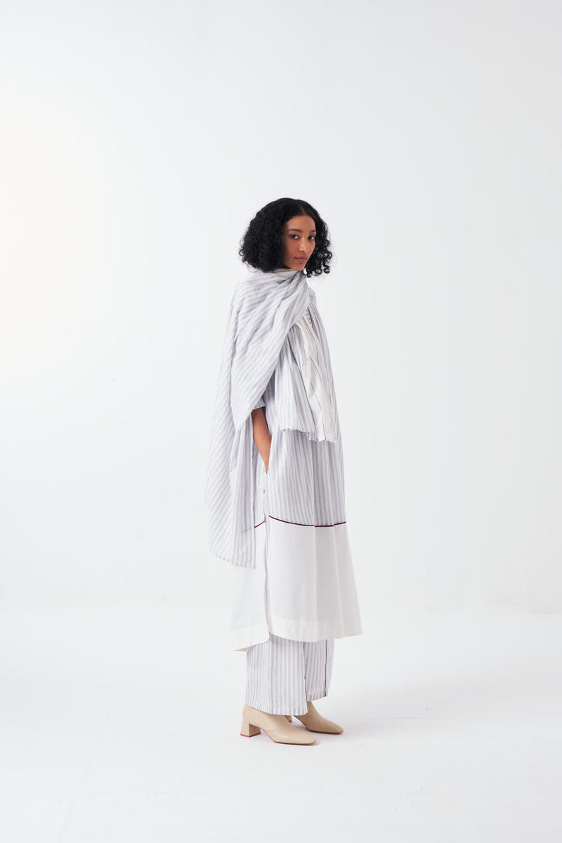 PANEL GATHER NECK SHIRT CO-ORD-WHITE & BLUE (SET OF 2) cotton by THREE for women Worldwide