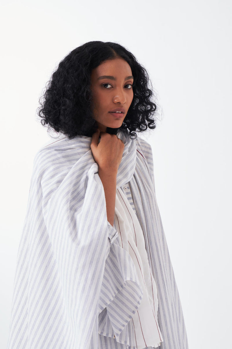 PANEL GATHER NECK SHIRT CO-ORD-WHITE & BLUE (SET OF 2) cotton by THREE for women Worldwide