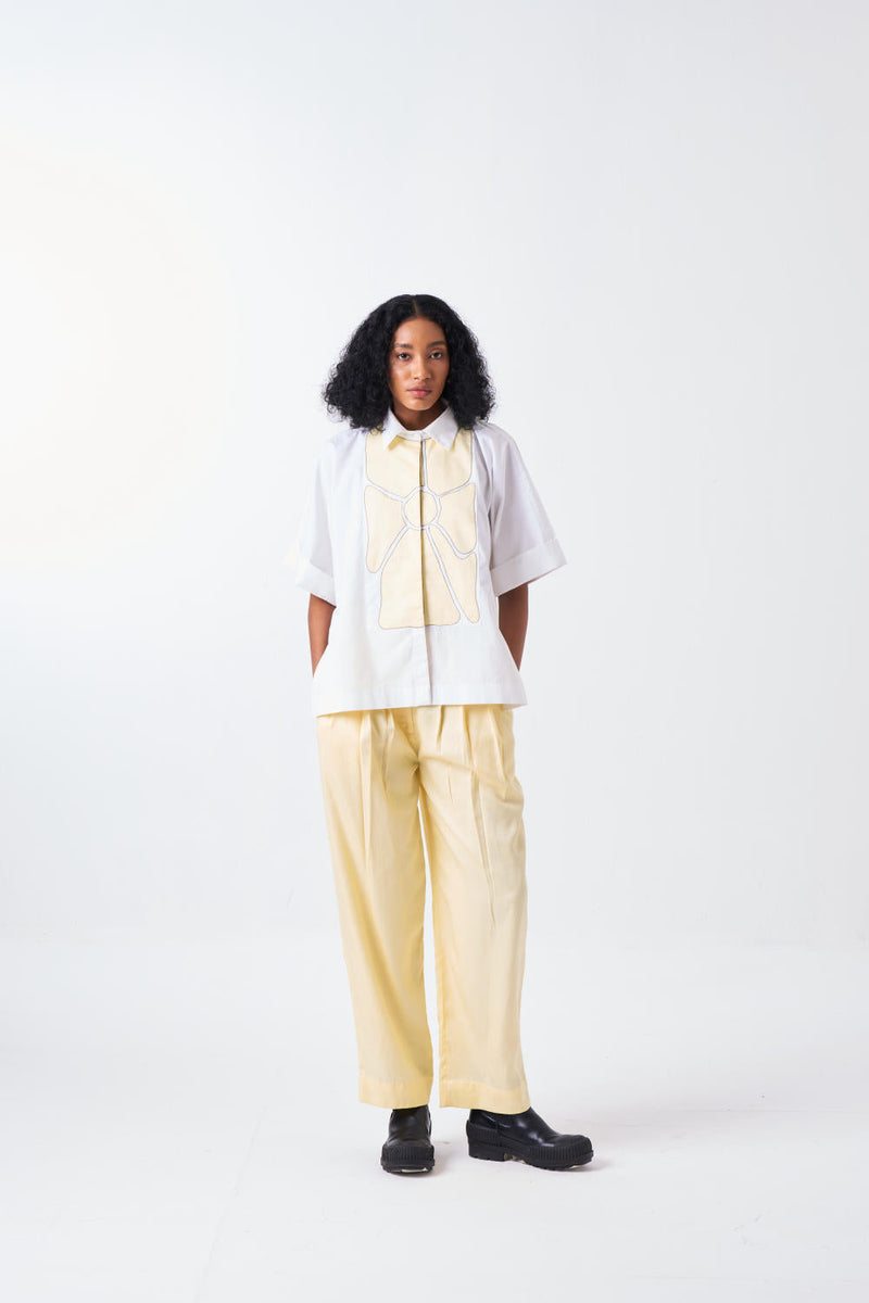 FLORAL APPLIQUE SHIRT-WHITE/BUTTER cotton by THREE for women Worldwide